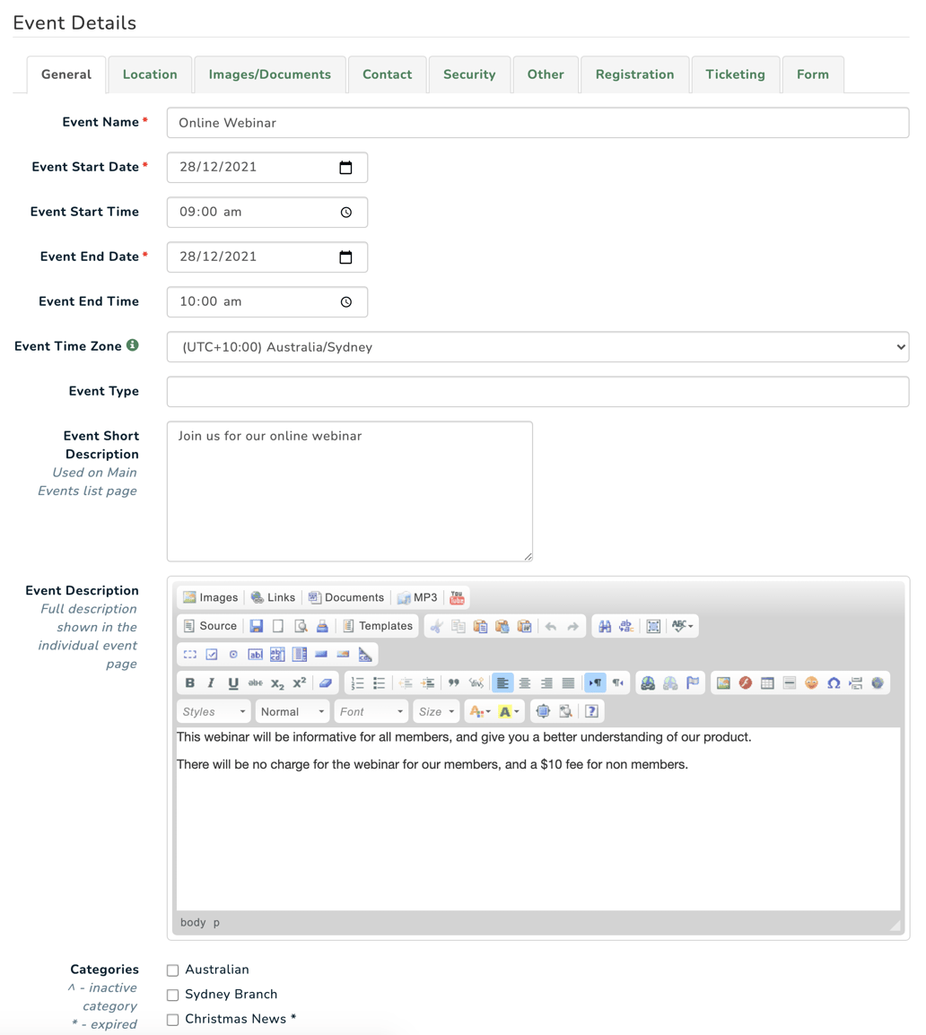 Add or edit an event using the Events Module